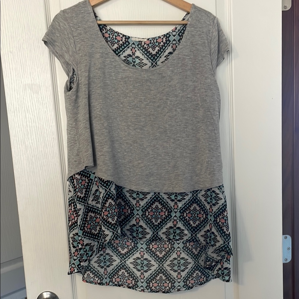 Gray Aztec Print Asymmetrical Cap Sleeve Tunic